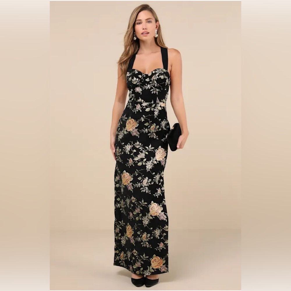 Pemberley Black Jacquard Lace-up Maxi Dress